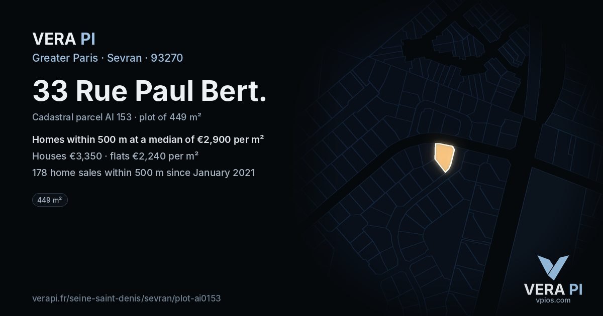 33 Rue Paul Bert, Sevran at night – the plot lit, the parcels around coloured by the prices near them