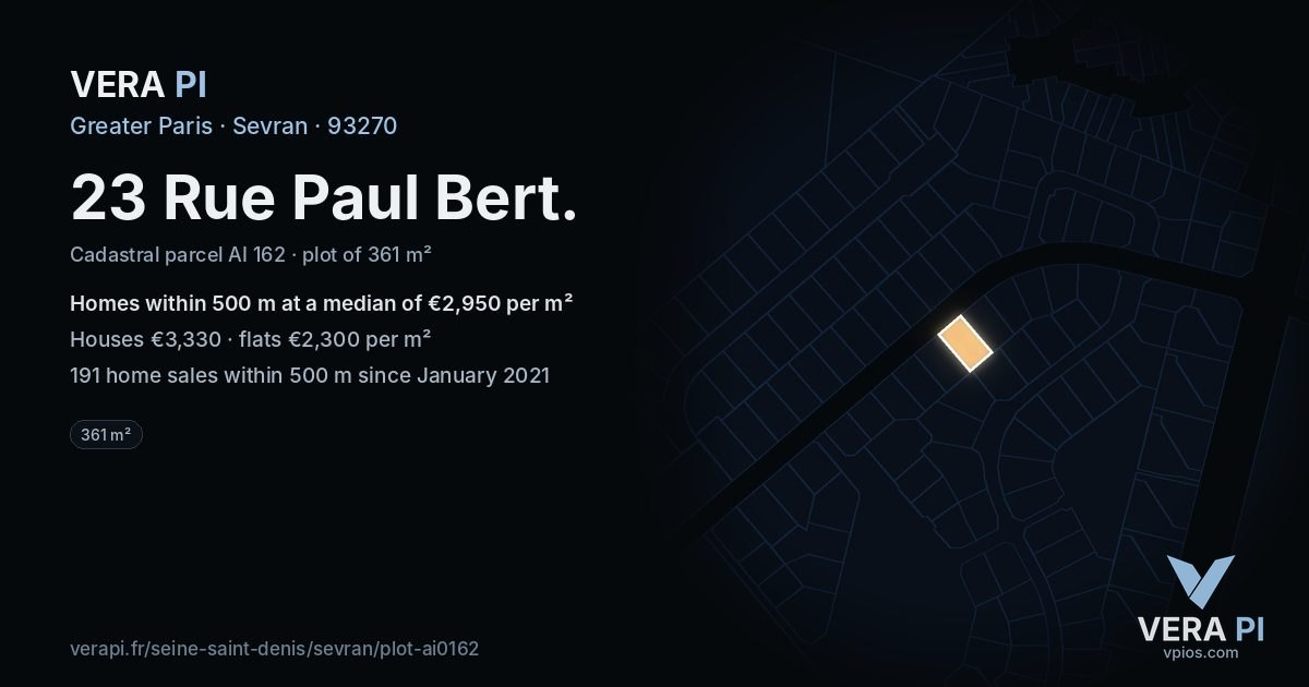 23 Rue Paul Bert, Sevran at night – the plot lit, the parcels around coloured by the prices near them