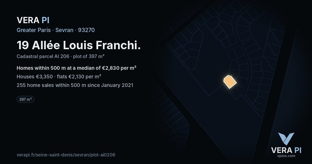 19 Allée Louis Franchi, Sevran at night – the plot lit, the parcels around coloured by the prices near them