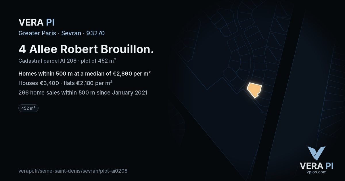 4 Allee Robert Brouillon, Sevran at night – the plot lit, the parcels around coloured by the prices near them