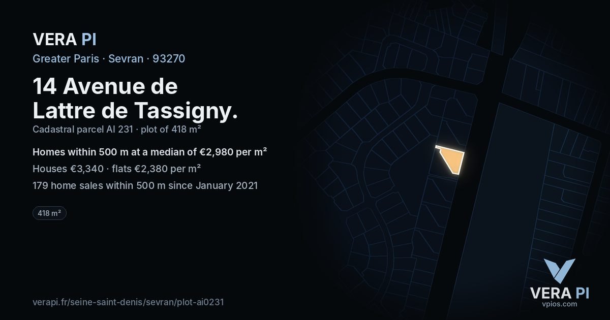 14 Avenue de Lattre de Tassigny, Sevran at night – the plot lit, the parcels around coloured by the prices near them