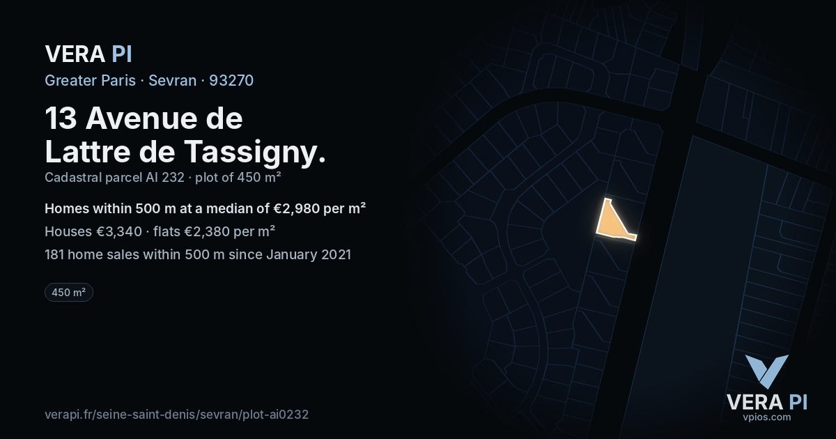 13 Avenue de Lattre de Tassigny, Sevran at night – the plot lit, the parcels around coloured by the prices near them
