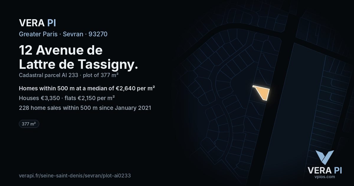 12 Avenue de Lattre de Tassigny, Sevran at night – the plot lit, the parcels around coloured by the prices near them