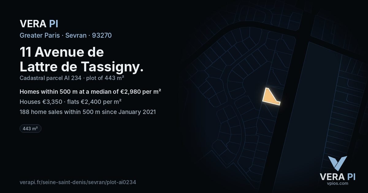 11 Avenue de Lattre de Tassigny, Sevran at night – the plot lit, the parcels around coloured by the prices near them