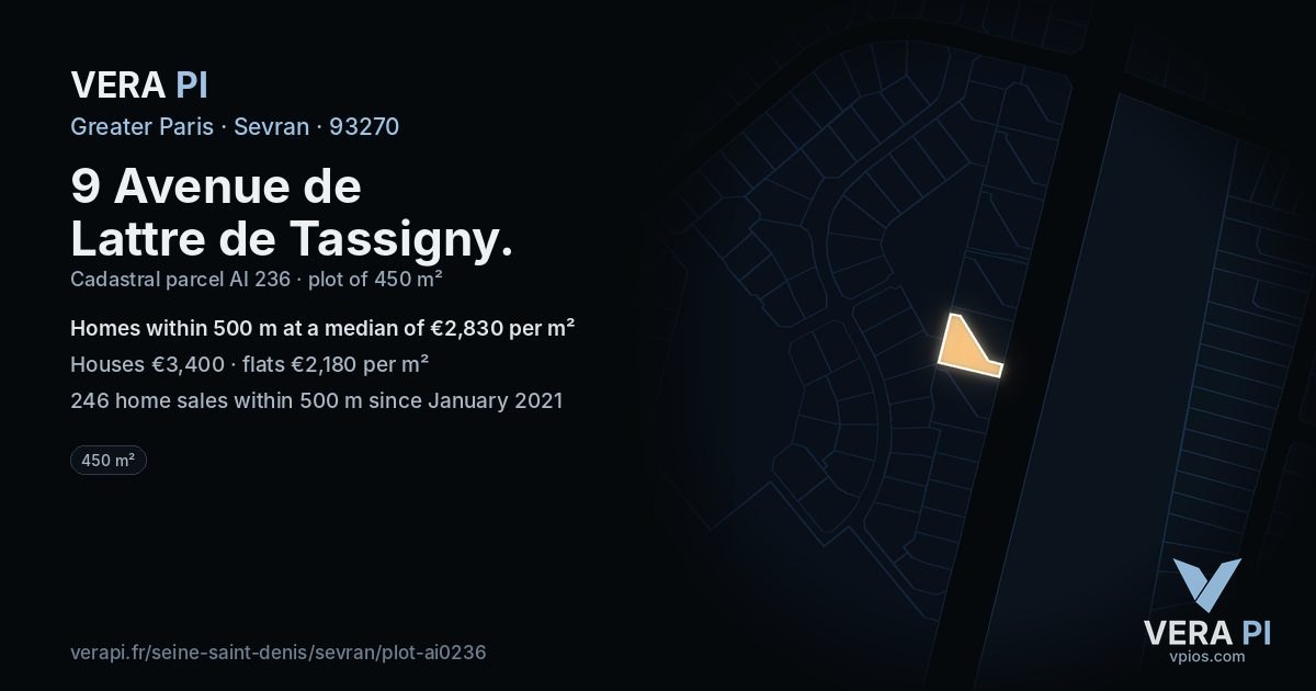 9 Avenue de Lattre de Tassigny, Sevran at night – the plot lit, the parcels around coloured by the prices near them