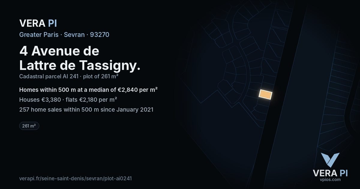 4 Avenue de Lattre de Tassigny, Sevran at night – the plot lit, the parcels around coloured by the prices near them