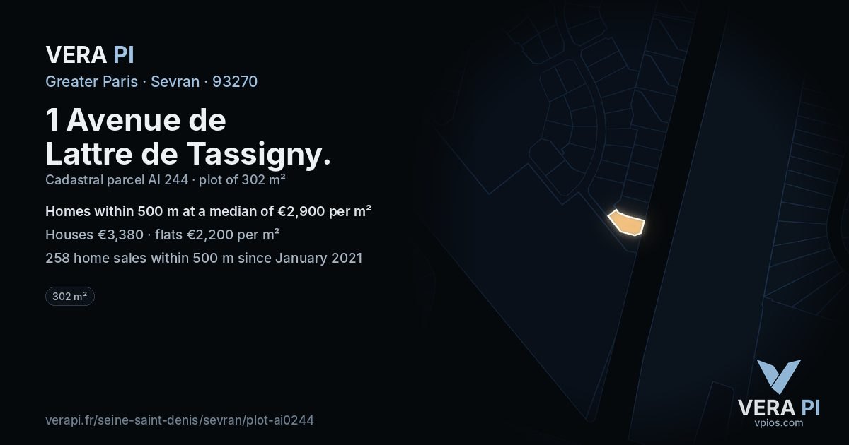 1 Avenue de Lattre de Tassigny, Sevran at night – the plot lit, the parcels around coloured by the prices near them