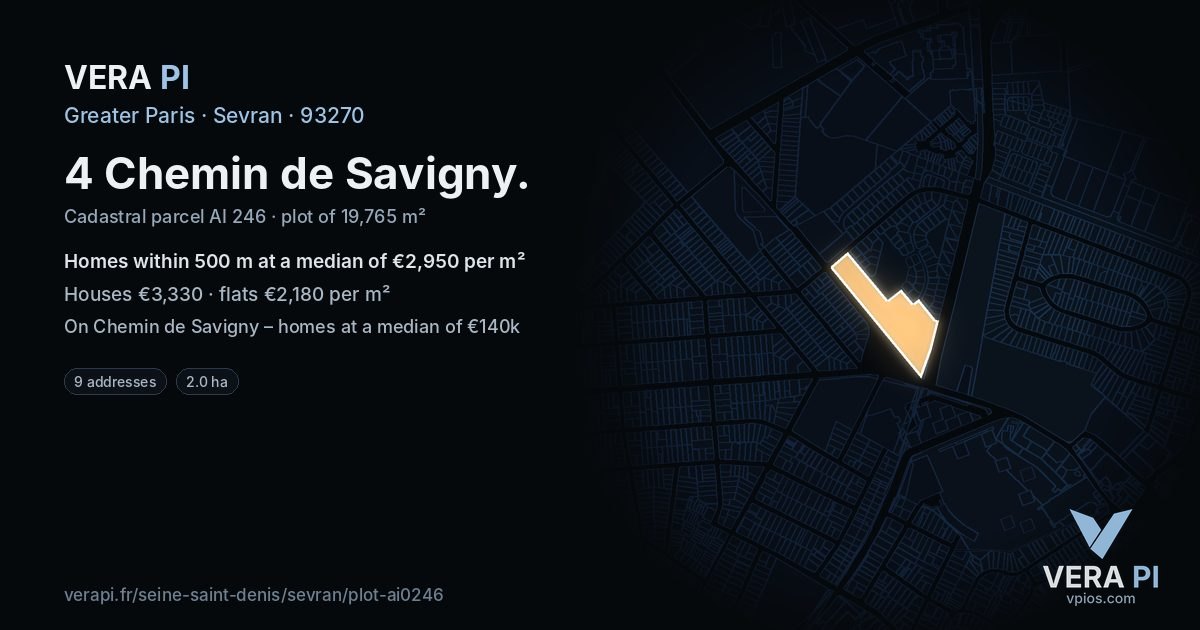 4 Chemin de Savigny, Sevran at night – the plot lit, the parcels around coloured by the prices near them