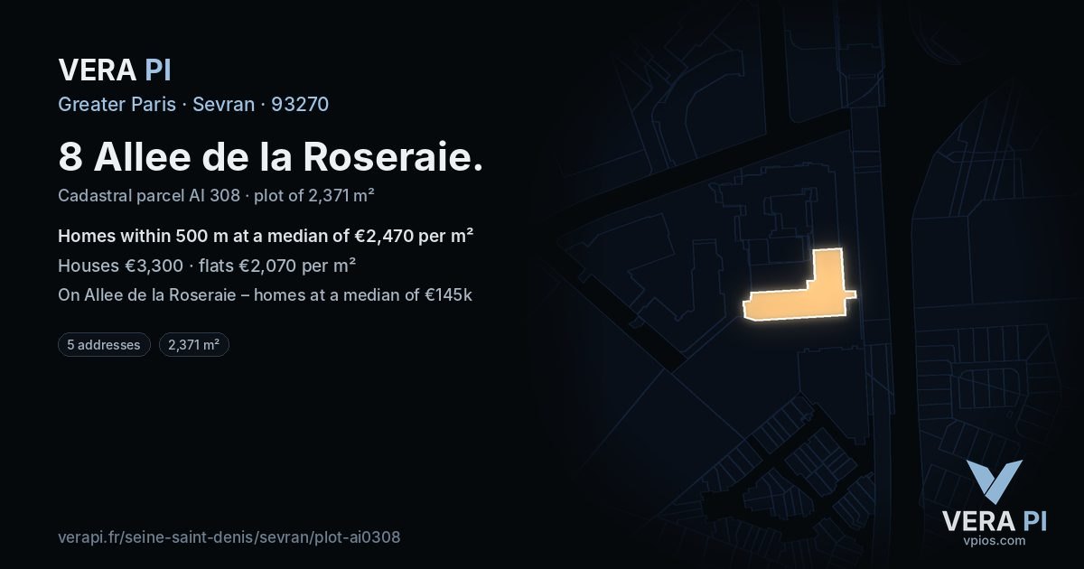8 Allee de la Roseraie, Sevran at night – the plot lit, the parcels around coloured by the prices near them