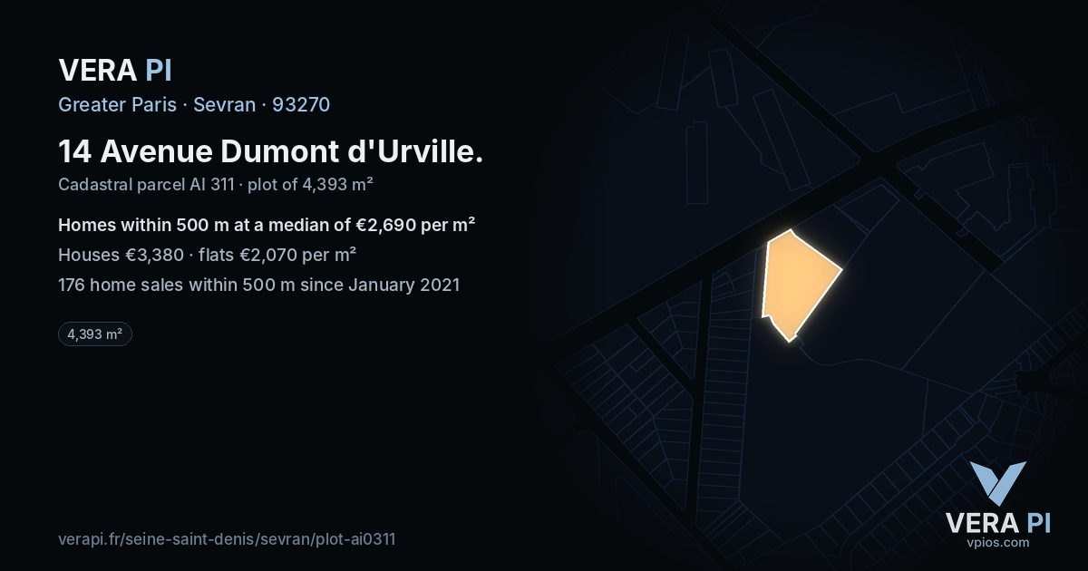 14 Avenue Dumont d'Urville, Sevran at night – the plot lit, the parcels around coloured by the prices near them