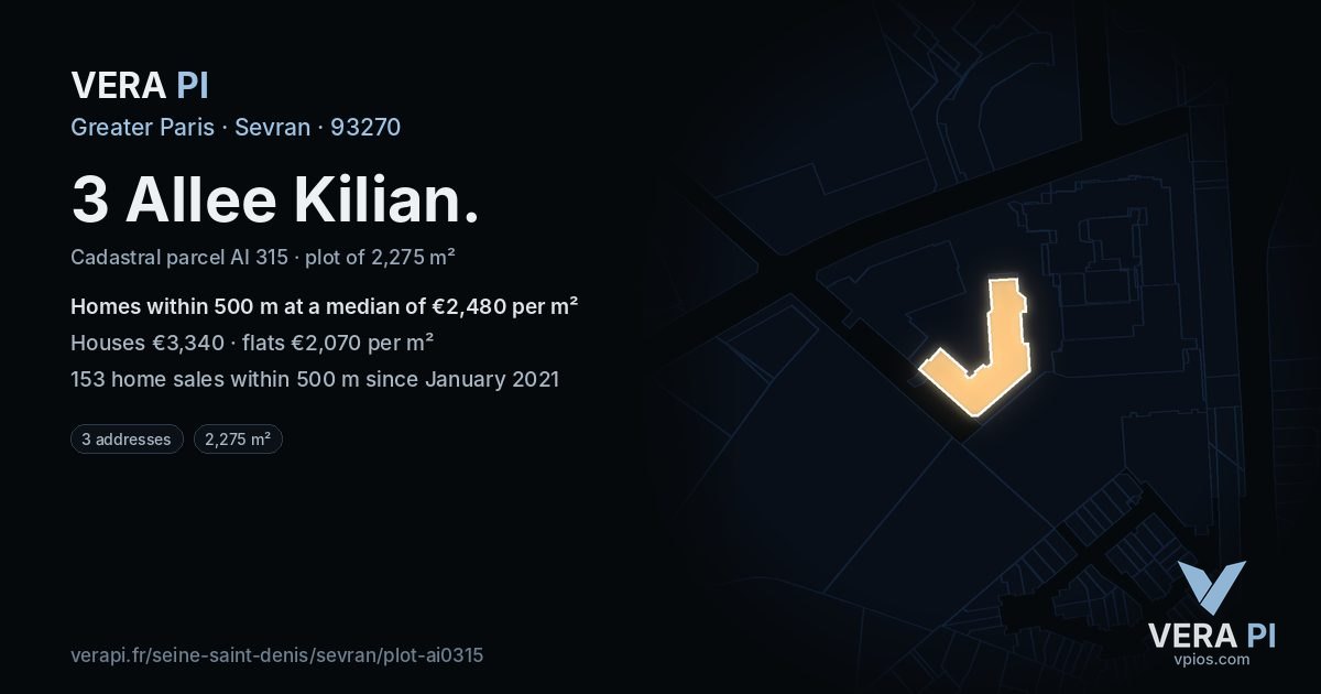 3 Allee Kilian, Sevran at night – the plot lit, the parcels around coloured by the prices near them