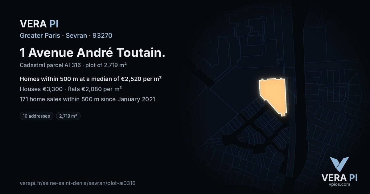 1 Avenue André Toutain, Sevran at night – the plot lit, the parcels around coloured by the prices near them