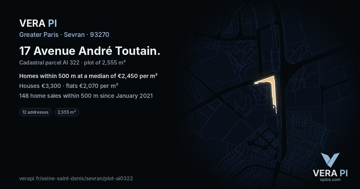 17 Avenue André Toutain, Sevran at night – the plot lit, the parcels around coloured by the prices near them