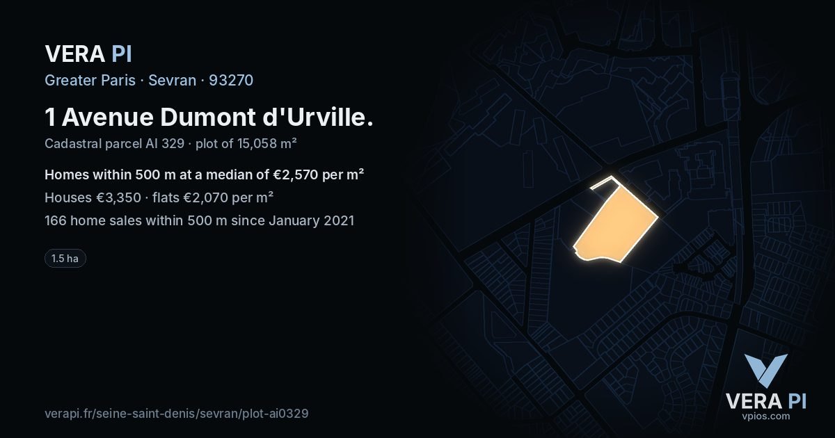 1 Avenue Dumont d'Urville, Sevran at night – the plot lit, the parcels around coloured by the prices near them