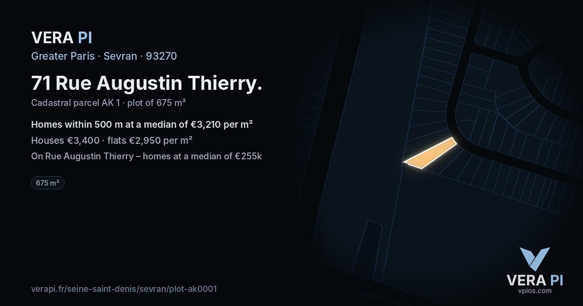 71 Rue Augustin Thierry, Sevran at night – the plot lit, the parcels around coloured by the prices near them