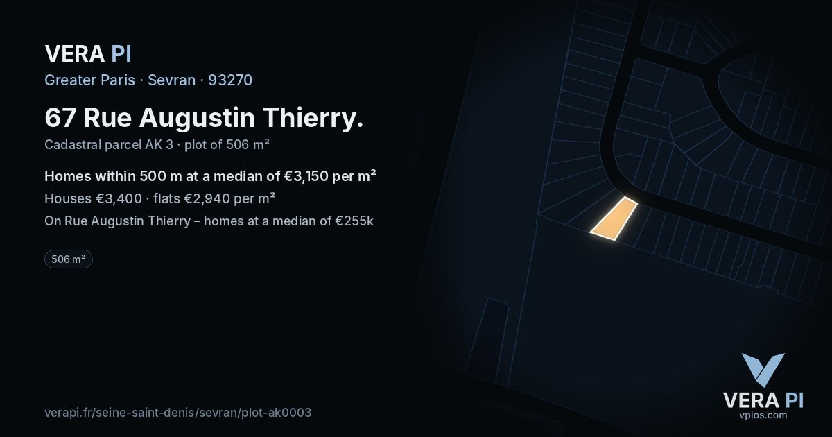 67 Rue Augustin Thierry, Sevran at night – the plot lit, the parcels around coloured by the prices near them