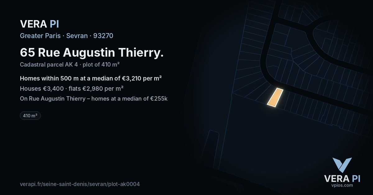 65 Rue Augustin Thierry, Sevran at night – the plot lit, the parcels around coloured by the prices near them