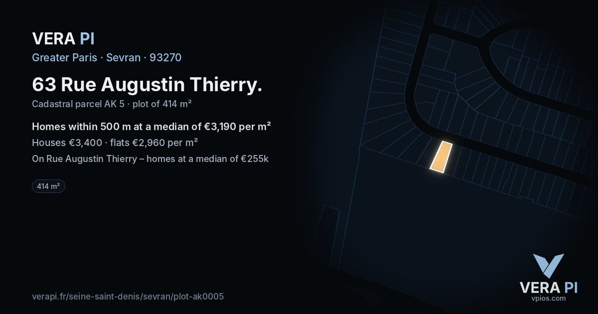 63 Rue Augustin Thierry, Sevran at night – the plot lit, the parcels around coloured by the prices near them