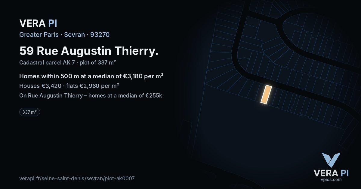 59 Rue Augustin Thierry, Sevran at night – the plot lit, the parcels around coloured by the prices near them