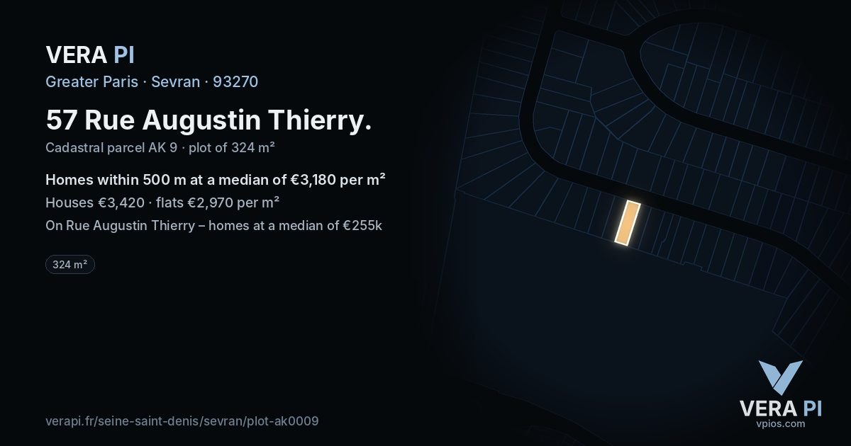 57 Rue Augustin Thierry, Sevran at night – the plot lit, the parcels around coloured by the prices near them