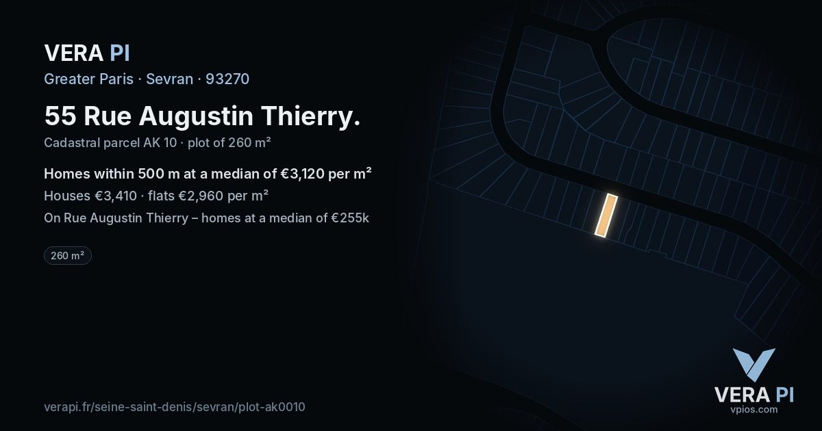 55 Rue Augustin Thierry, Sevran at night – the plot lit, the parcels around coloured by the prices near them