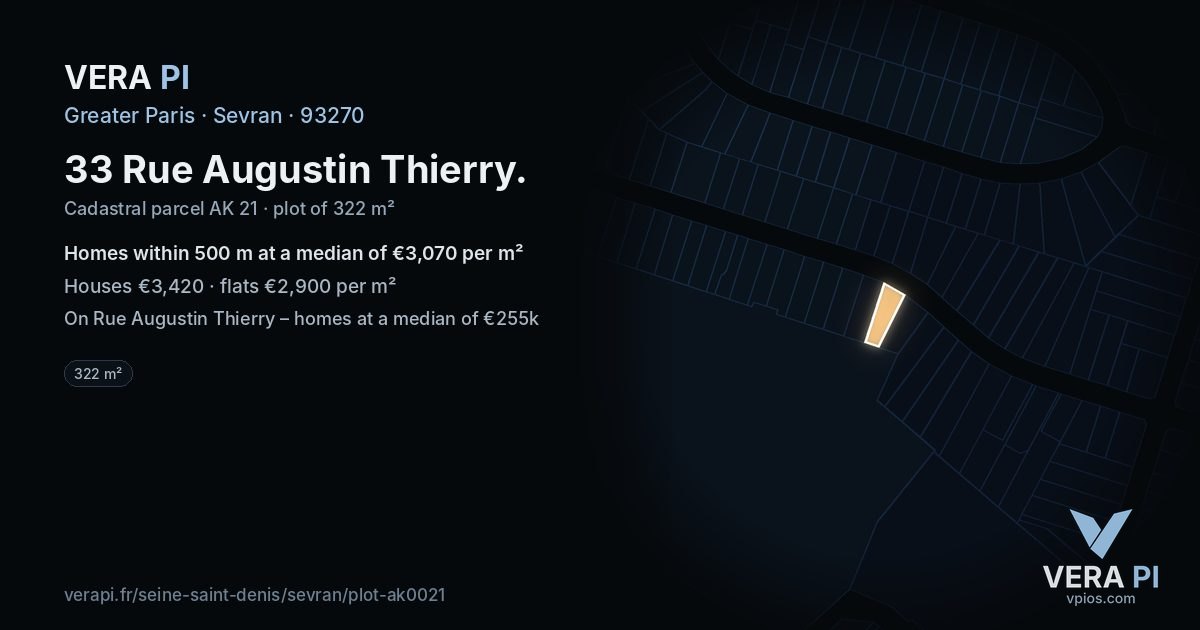 33 Rue Augustin Thierry, Sevran at night – the plot lit, the parcels around coloured by the prices near them