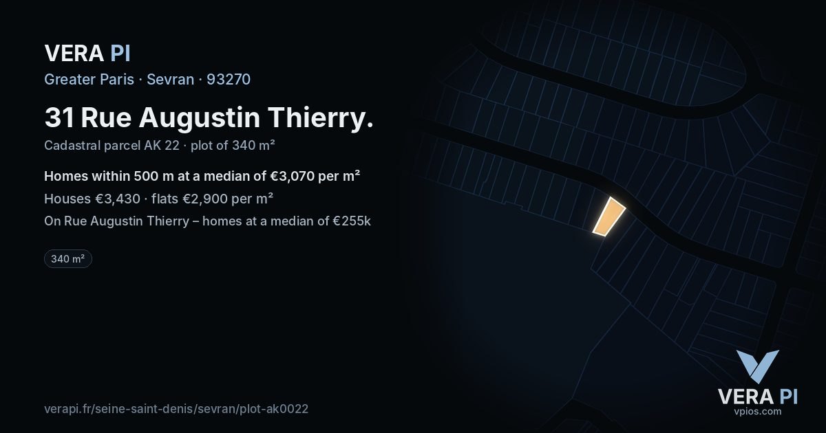 31 Rue Augustin Thierry, Sevran at night – the plot lit, the parcels around coloured by the prices near them