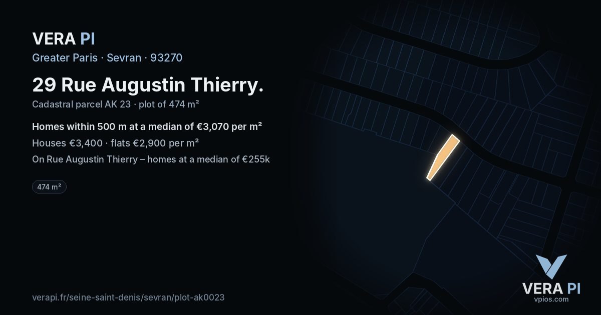 29 Rue Augustin Thierry, Sevran at night – the plot lit, the parcels around coloured by the prices near them
