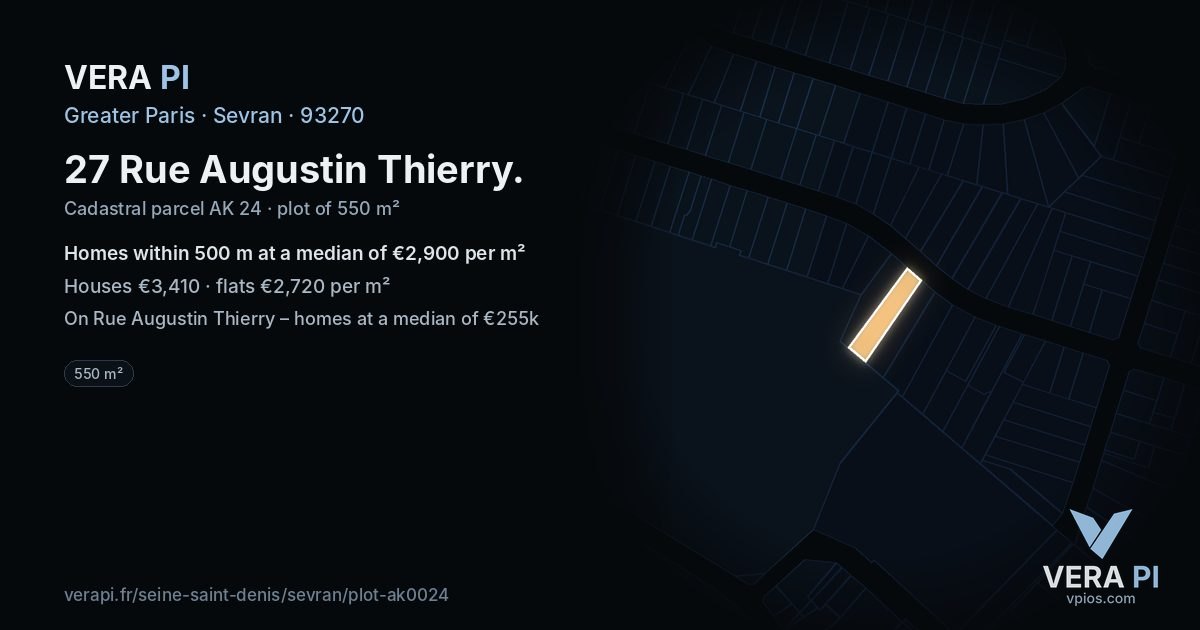 27 Rue Augustin Thierry, Sevran at night – the plot lit, the parcels around coloured by the prices near them