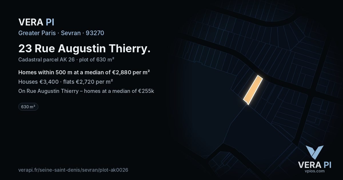23 Rue Augustin Thierry, Sevran at night – the plot lit, the parcels around coloured by the prices near them