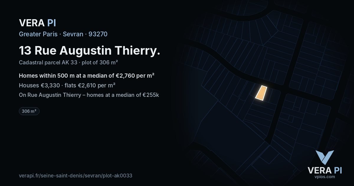 13 Rue Augustin Thierry, Sevran at night – the plot lit, the parcels around coloured by the prices near them