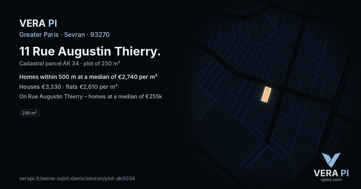 11 Rue Augustin Thierry, Sevran at night – the plot lit, the parcels around coloured by the prices near them