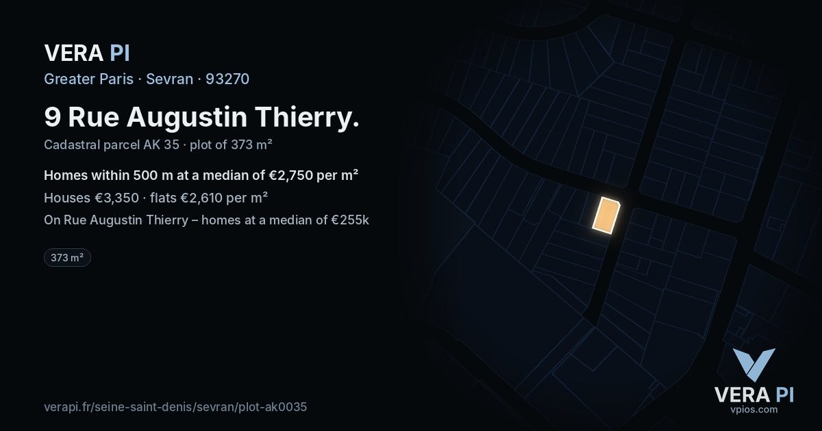 9 Rue Augustin Thierry, Sevran at night – the plot lit, the parcels around coloured by the prices near them