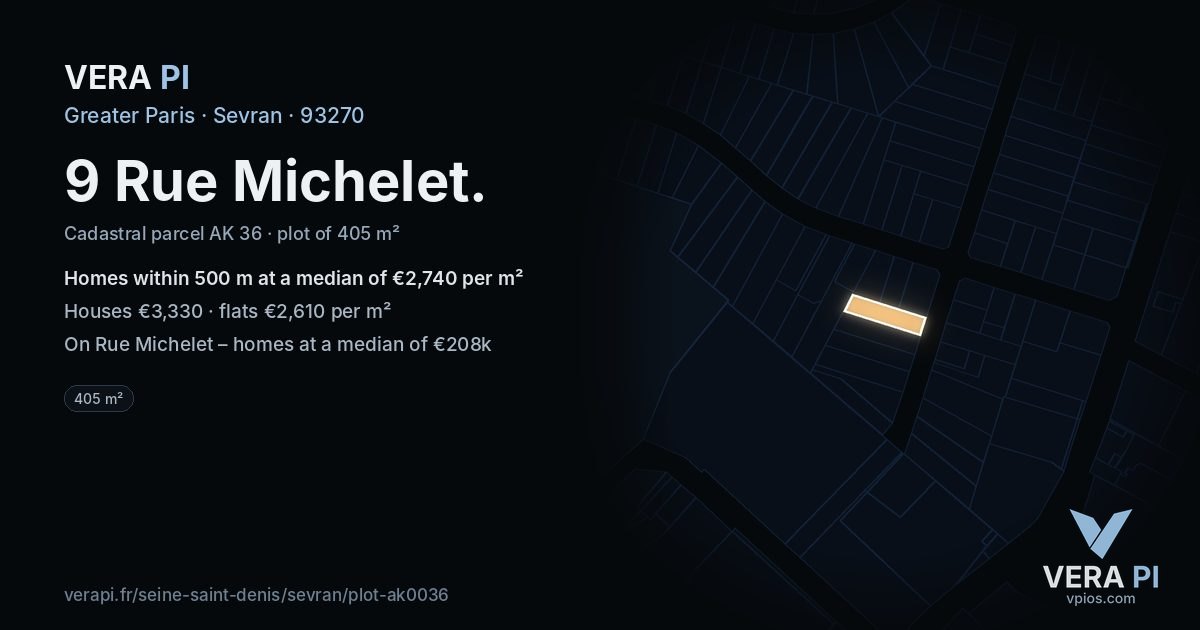 9 Rue Michelet, Sevran at night – the plot lit, the parcels around coloured by the prices near them