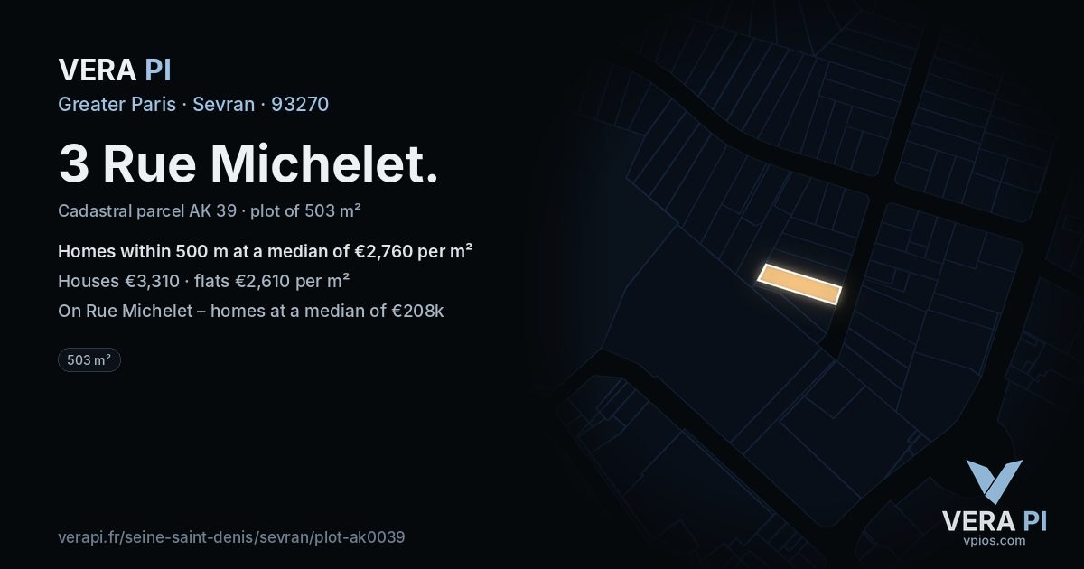 3 Rue Michelet, Sevran at night – the plot lit, the parcels around coloured by the prices near them