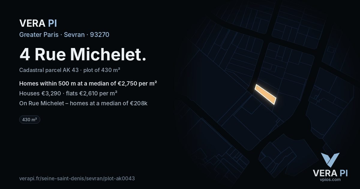 4 Rue Michelet, Sevran at night – the plot lit, the parcels around coloured by the prices near them
