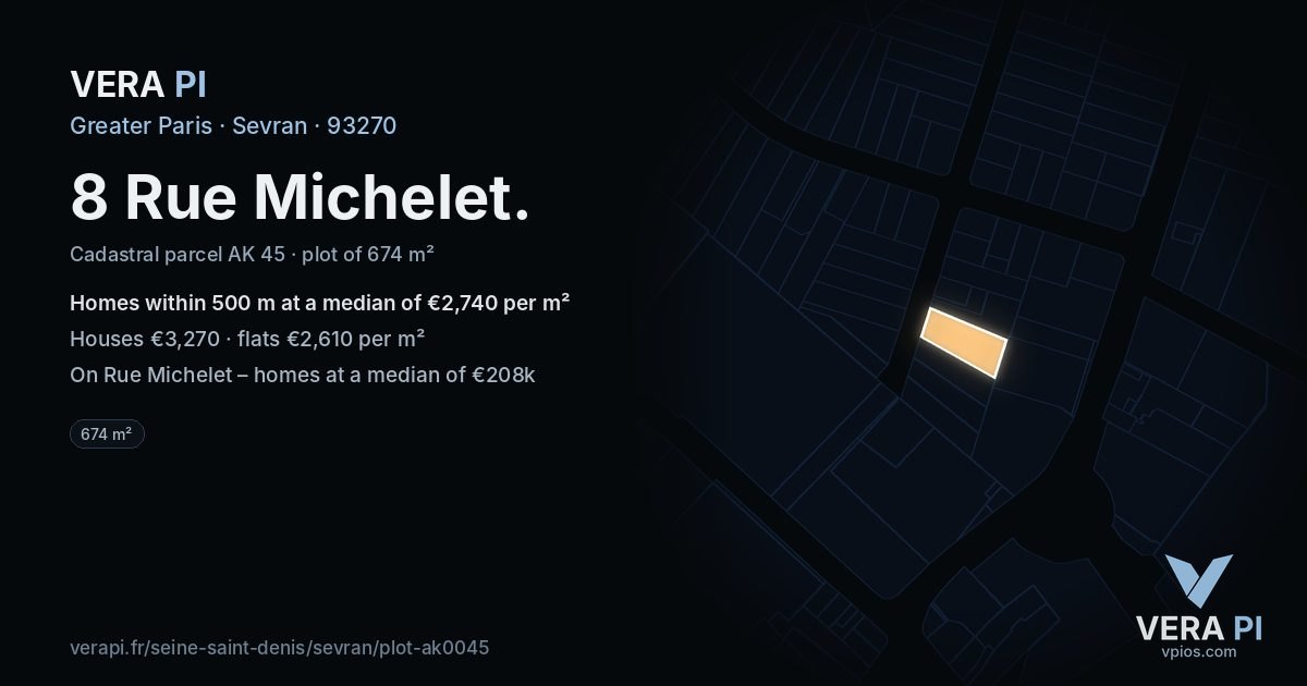 8 Rue Michelet, Sevran at night – the plot lit, the parcels around coloured by the prices near them