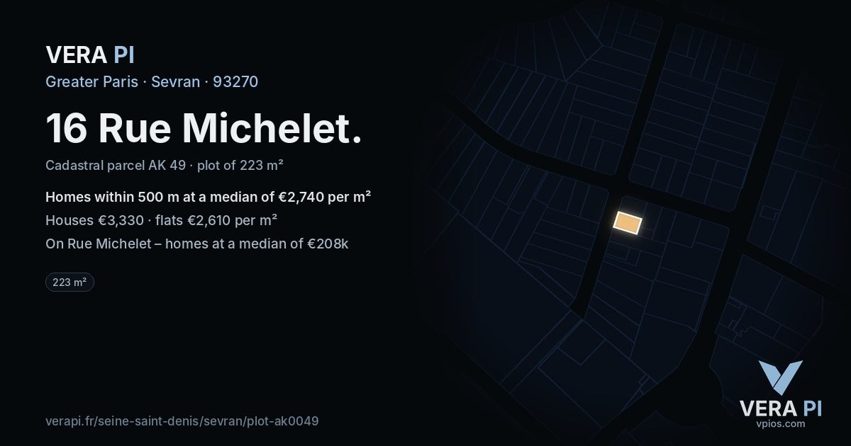 16 Rue Michelet, Sevran at night – the plot lit, the parcels around coloured by the prices near them