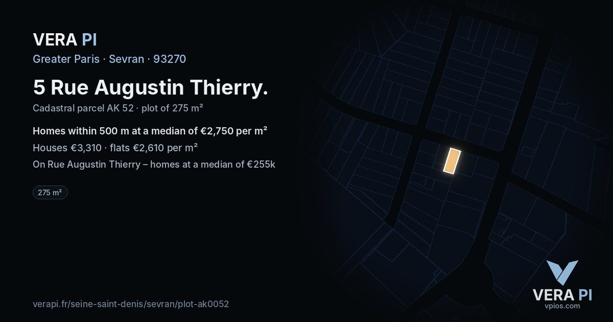5 Rue Augustin Thierry, Sevran at night – the plot lit, the parcels around coloured by the prices near them