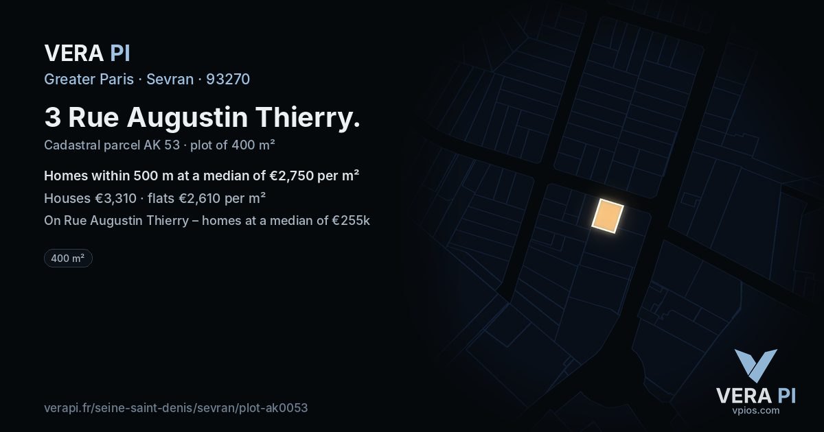 3 Rue Augustin Thierry, Sevran at night – the plot lit, the parcels around coloured by the prices near them