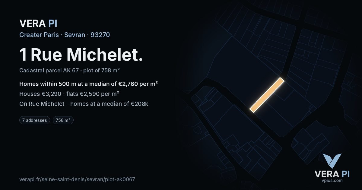 1 Rue Michelet, Sevran at night – the plot lit, the parcels around coloured by the prices near them