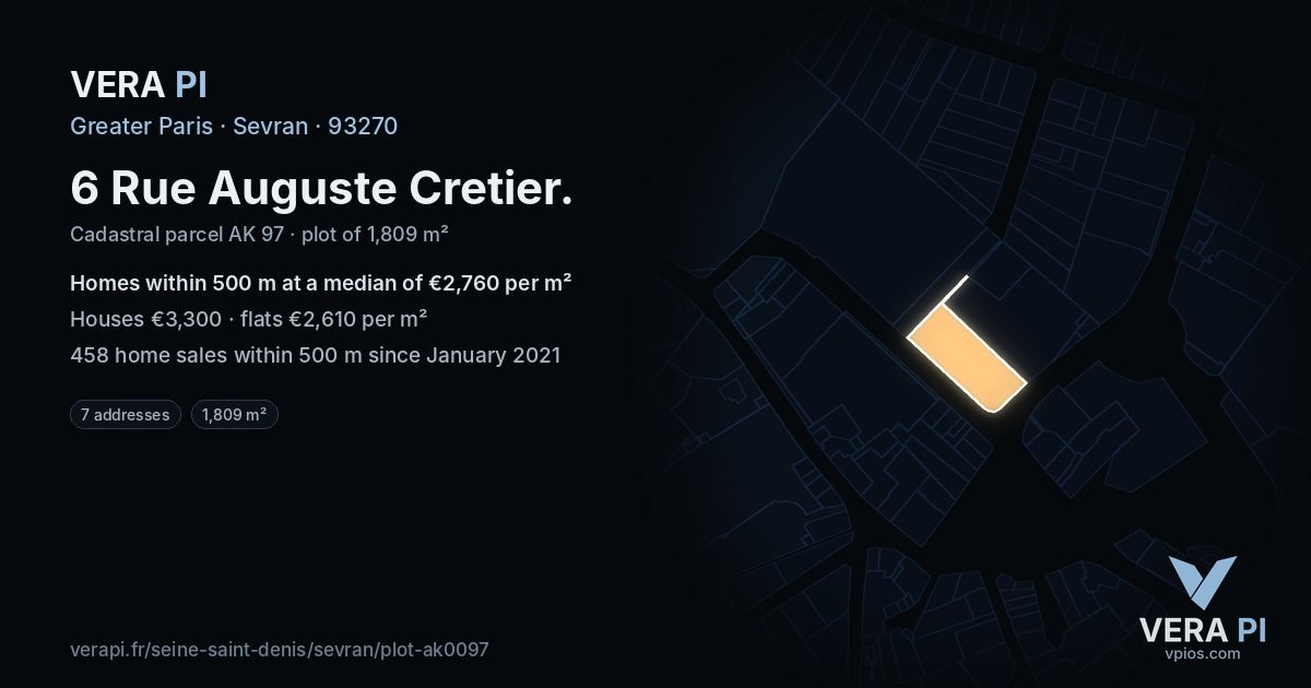 6 Rue Auguste Cretier, Sevran at night – the plot lit, the parcels around coloured by the prices near them