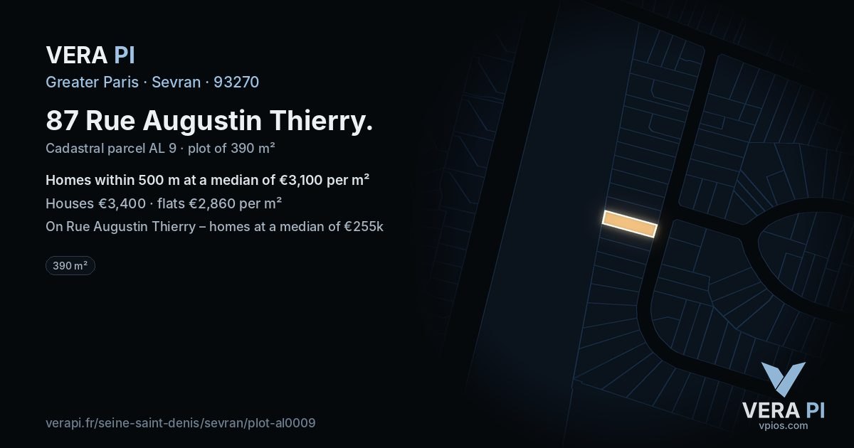 87 Rue Augustin Thierry, Sevran at night – the plot lit, the parcels around coloured by the prices near them