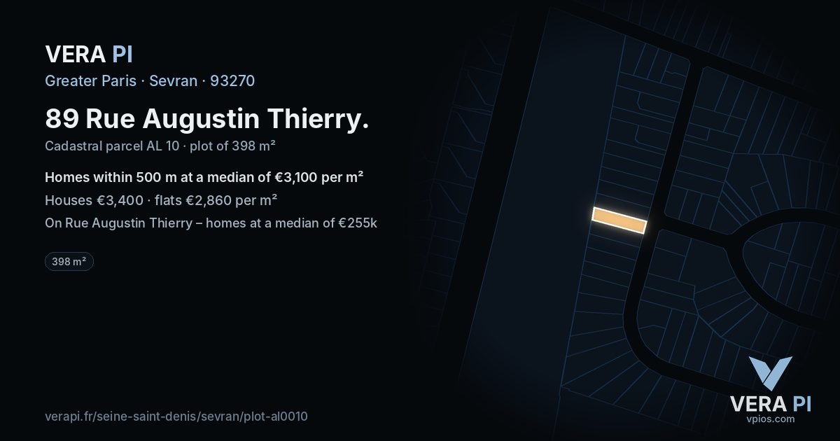 89 Rue Augustin Thierry, Sevran at night – the plot lit, the parcels around coloured by the prices near them