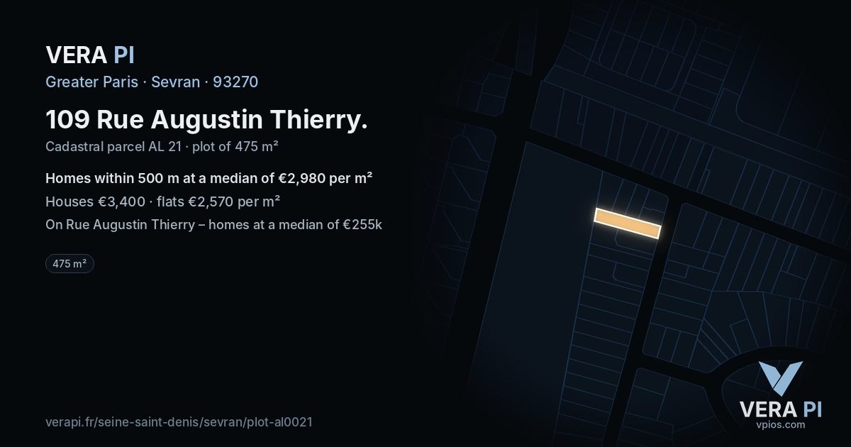 109 Rue Augustin Thierry, Sevran at night – the plot lit, the parcels around coloured by the prices near them