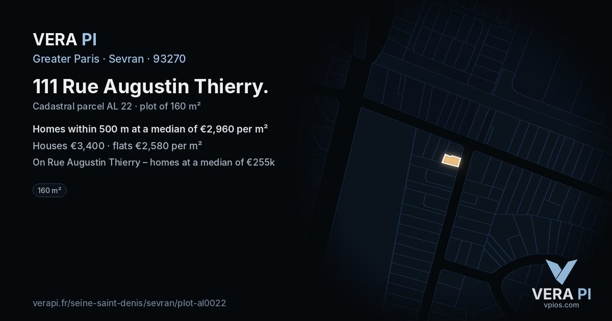 111 Rue Augustin Thierry, Sevran at night – the plot lit, the parcels around coloured by the prices near them