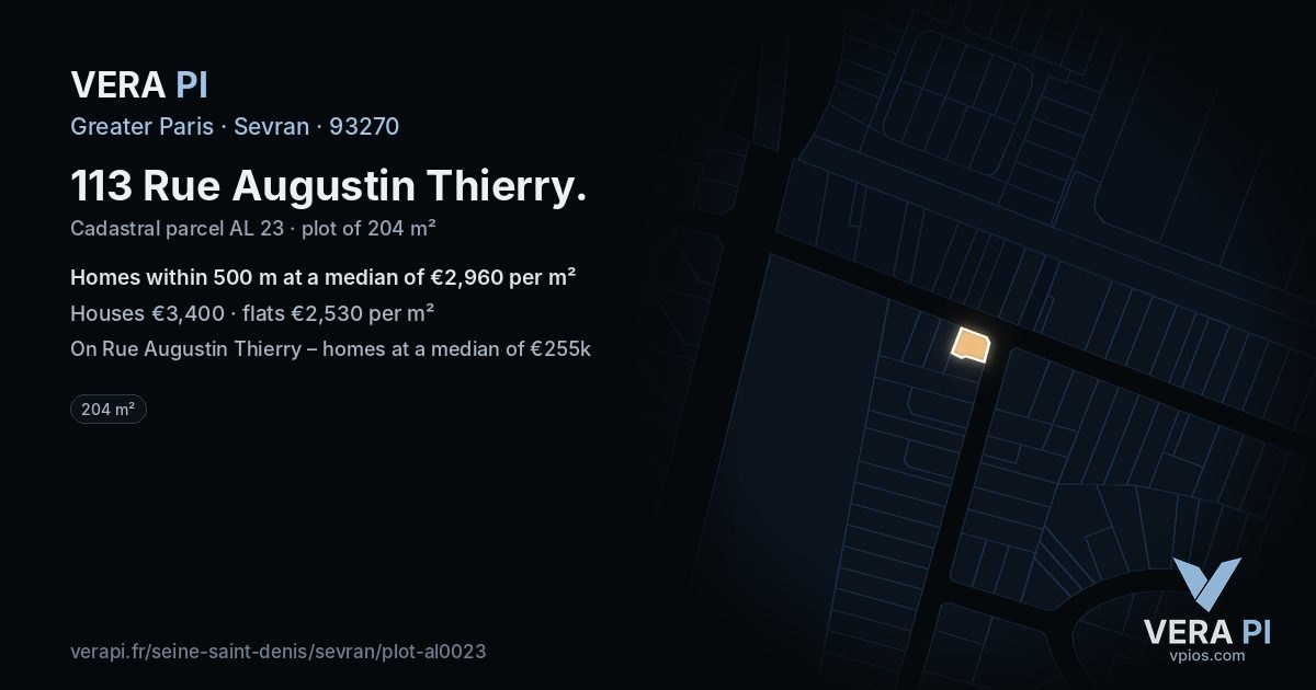 113 Rue Augustin Thierry, Sevran at night – the plot lit, the parcels around coloured by the prices near them