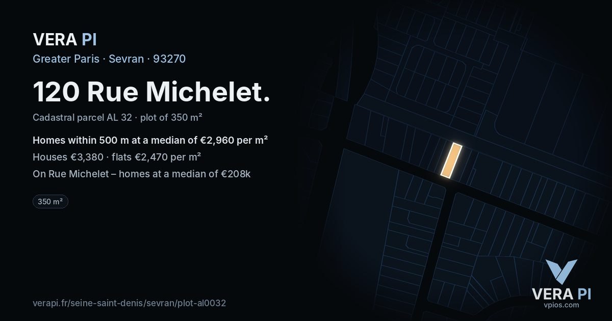 120 Rue Michelet, Sevran at night – the plot lit, the parcels around coloured by the prices near them