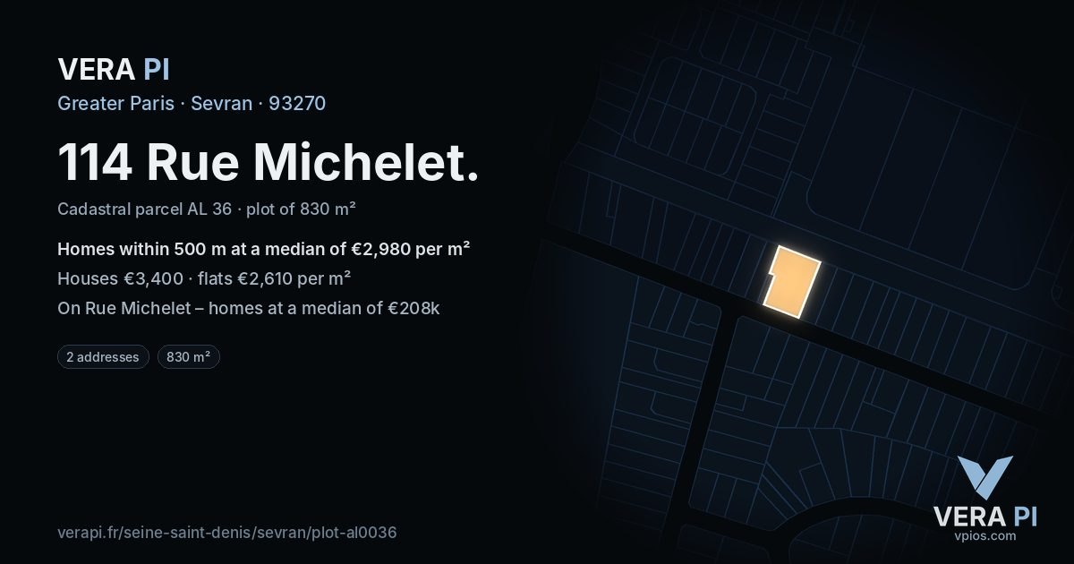 114 Rue Michelet, Sevran at night – the plot lit, the parcels around coloured by the prices near them