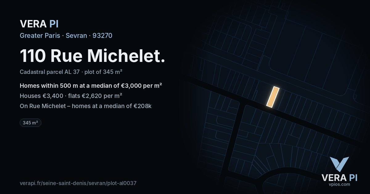 110 Rue Michelet, Sevran at night – the plot lit, the parcels around coloured by the prices near them